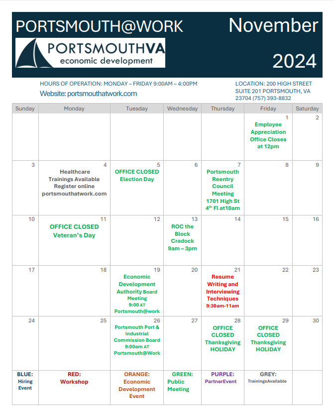 November 2024 Schedule PortsmouthWork